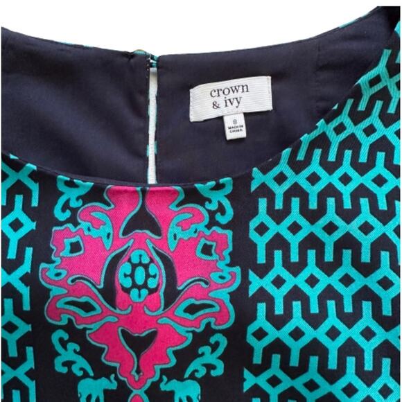 Crown & Ivy Dress Shift 3/4 Sleeve Geo Elephant Print Navy Turquoise Pink Size 8 - Picture 2 of 12